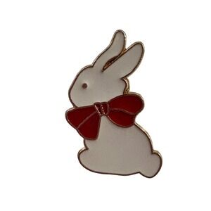 New Rabbit Pin, White‎ Bunny with Red Bow Brooch, Easter Spring Jewelry Kawaii